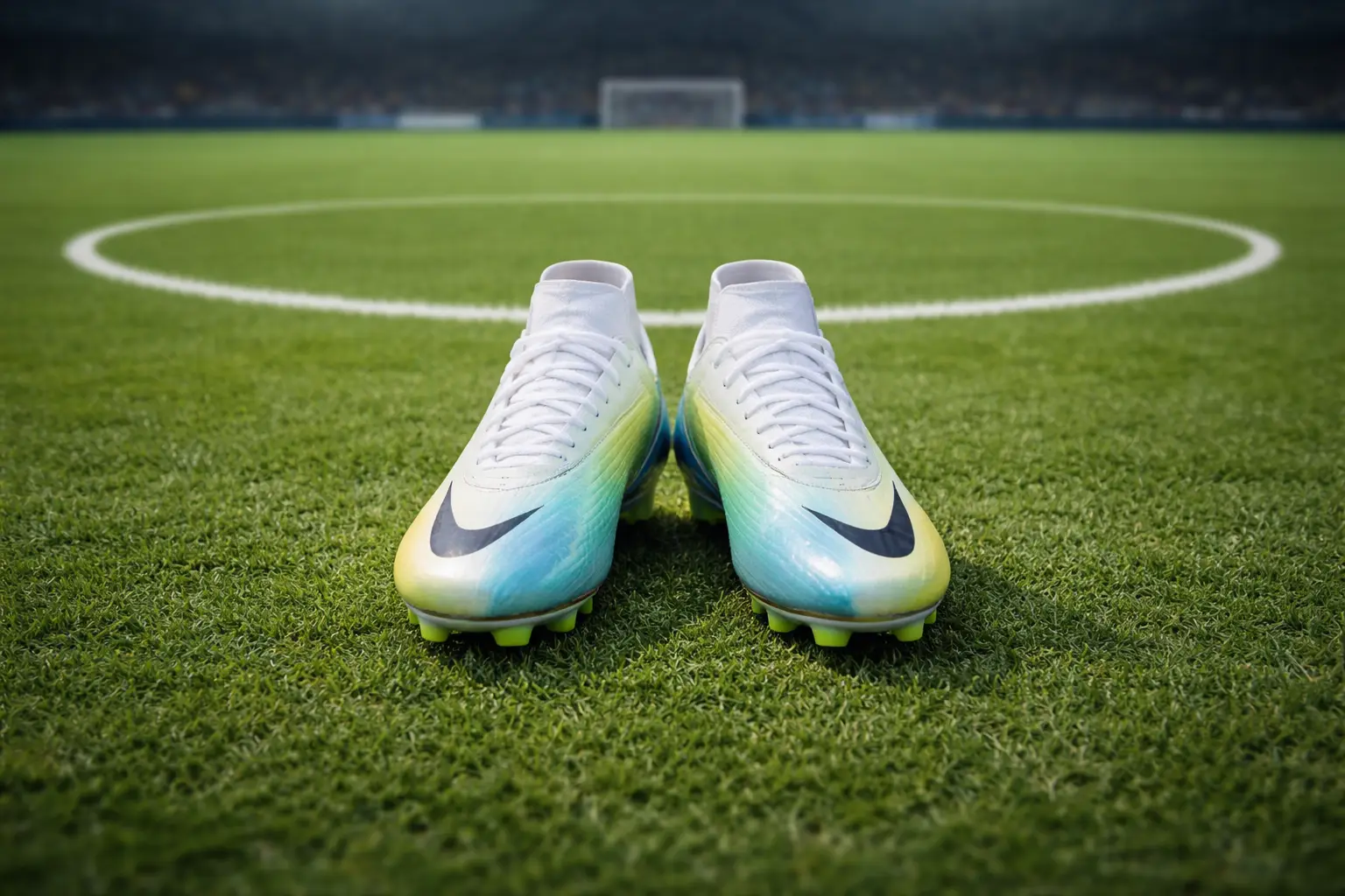 Fußballschuhe auf dem grünen Rasen vor dem Anstoßkreis im leeren Stadion
