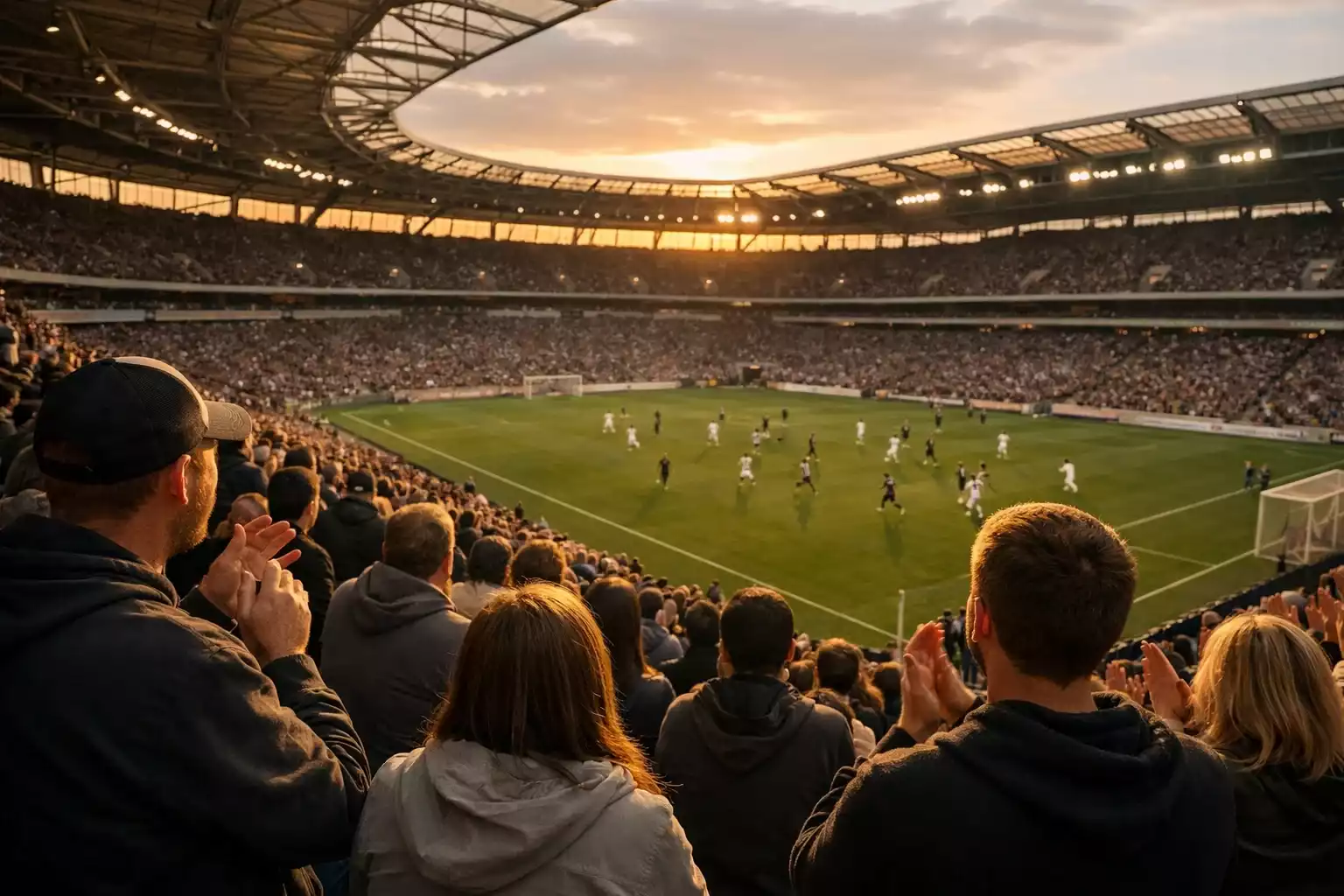 Blick aus der Fankurve auf ein Bundesliga-Spiel in einem vollen Stadion
