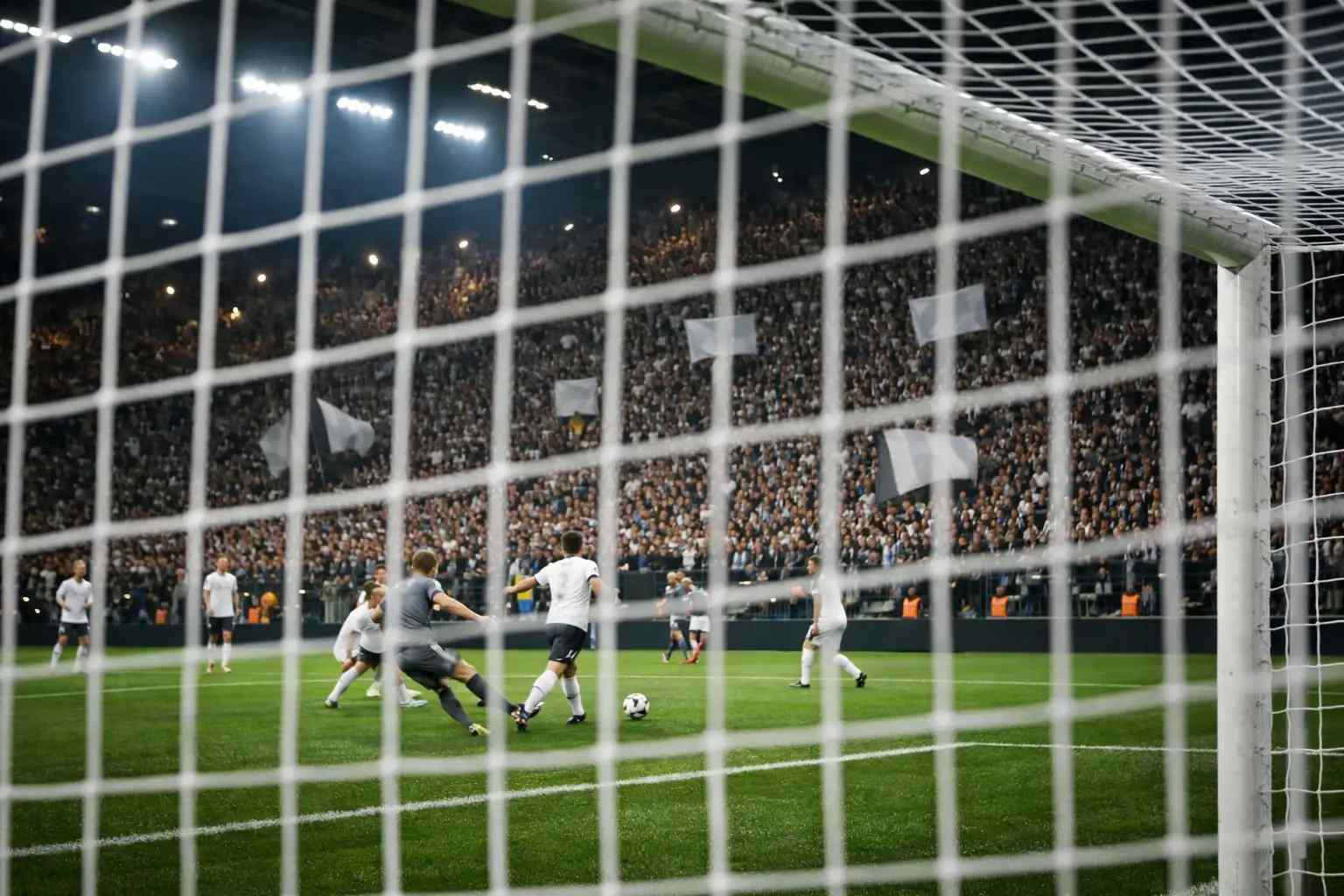 Volles Bundesliga-Stadion mit Stehplätzen und grünem Rasen unter Flutlicht