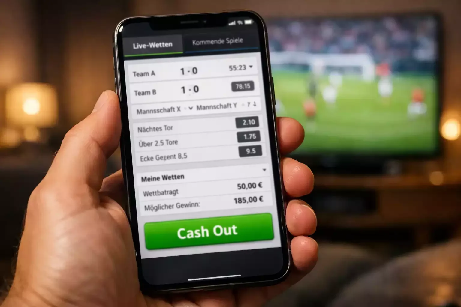 Smartphone mit Sportwetten-App zeigt Cash Out Button während eines Fußballspiels