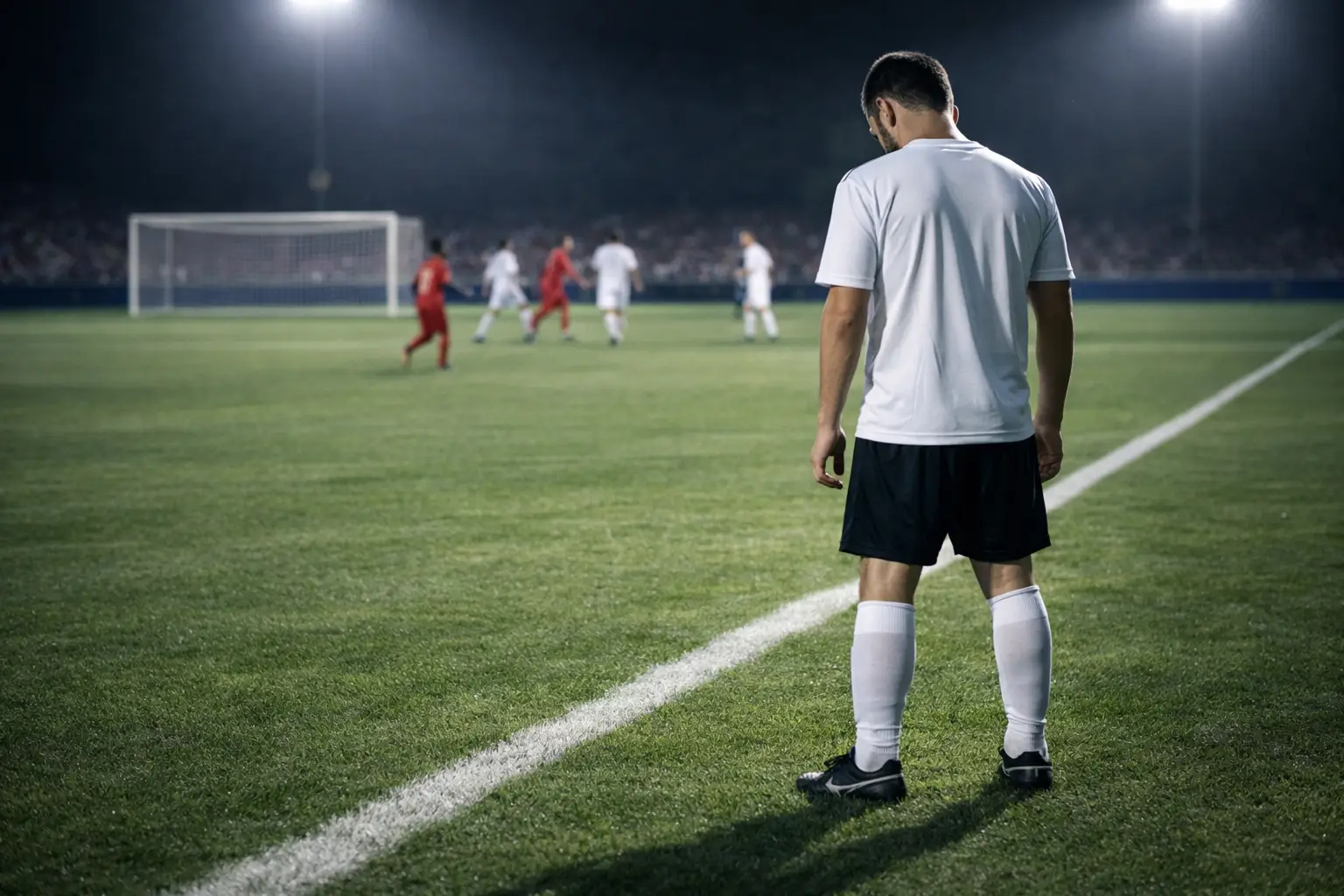 Fußballspieler steht allein am Spielfeldrand und blickt auf das laufende Spiel
