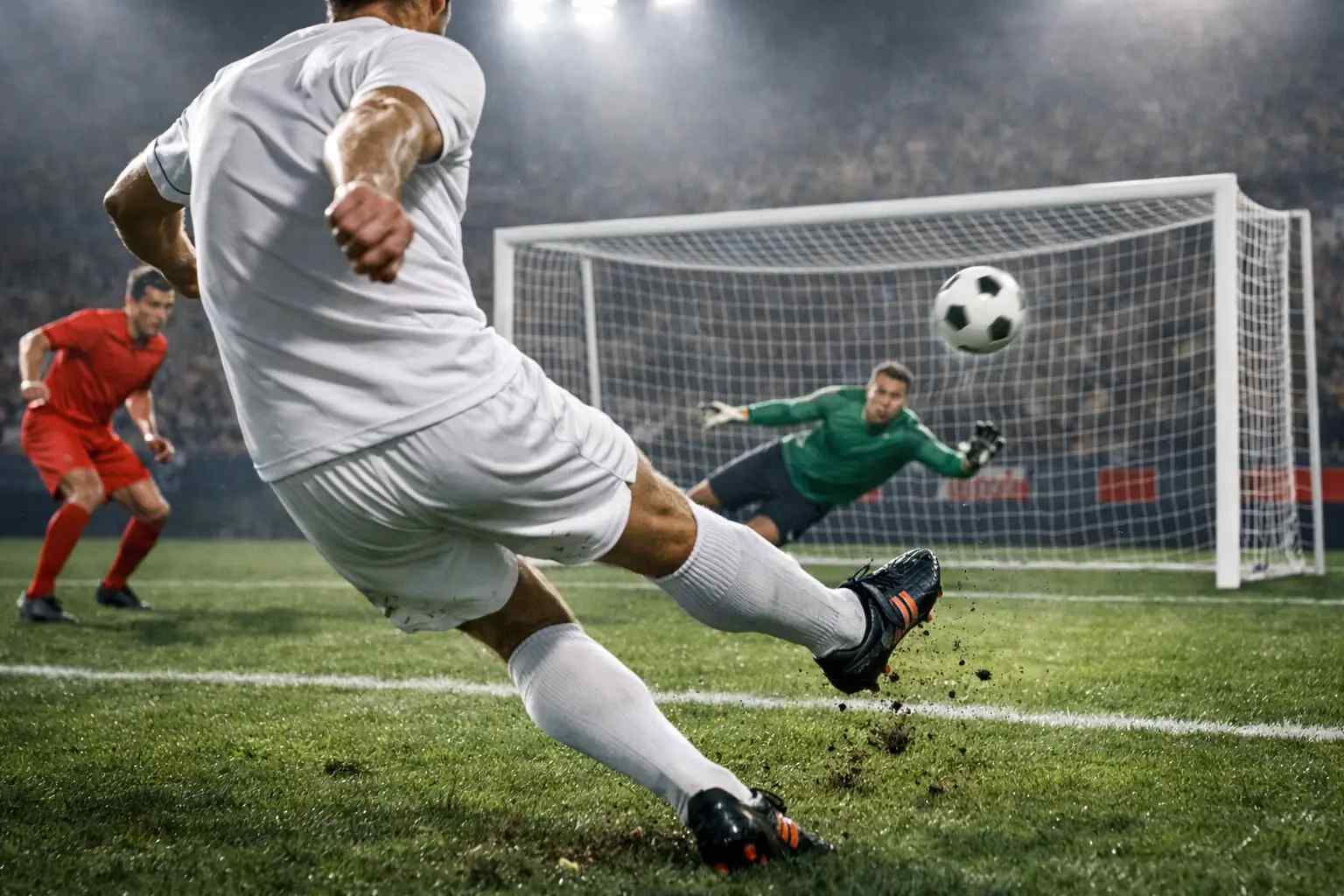 Torschuss aus kurzer Distanz auf das Fußballtor im voll besetzten Stadion