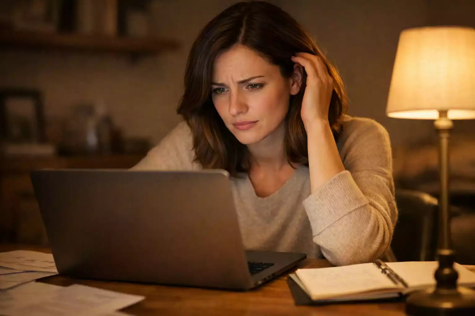 Person mit nachdenklichem Gesichtsausdruck vor einem Laptop mit Sportwetten-Seite