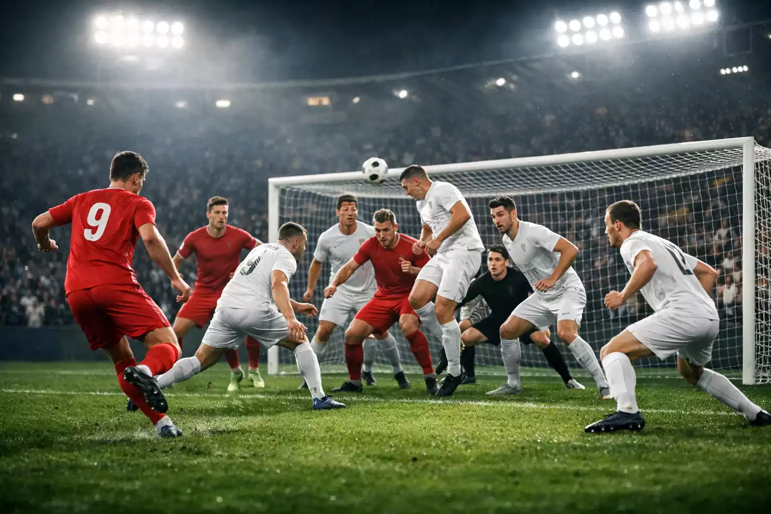 Fußballspieler in der Schlussphase eines Spiels mit angespannter Atmosphäre auf dem Rasen