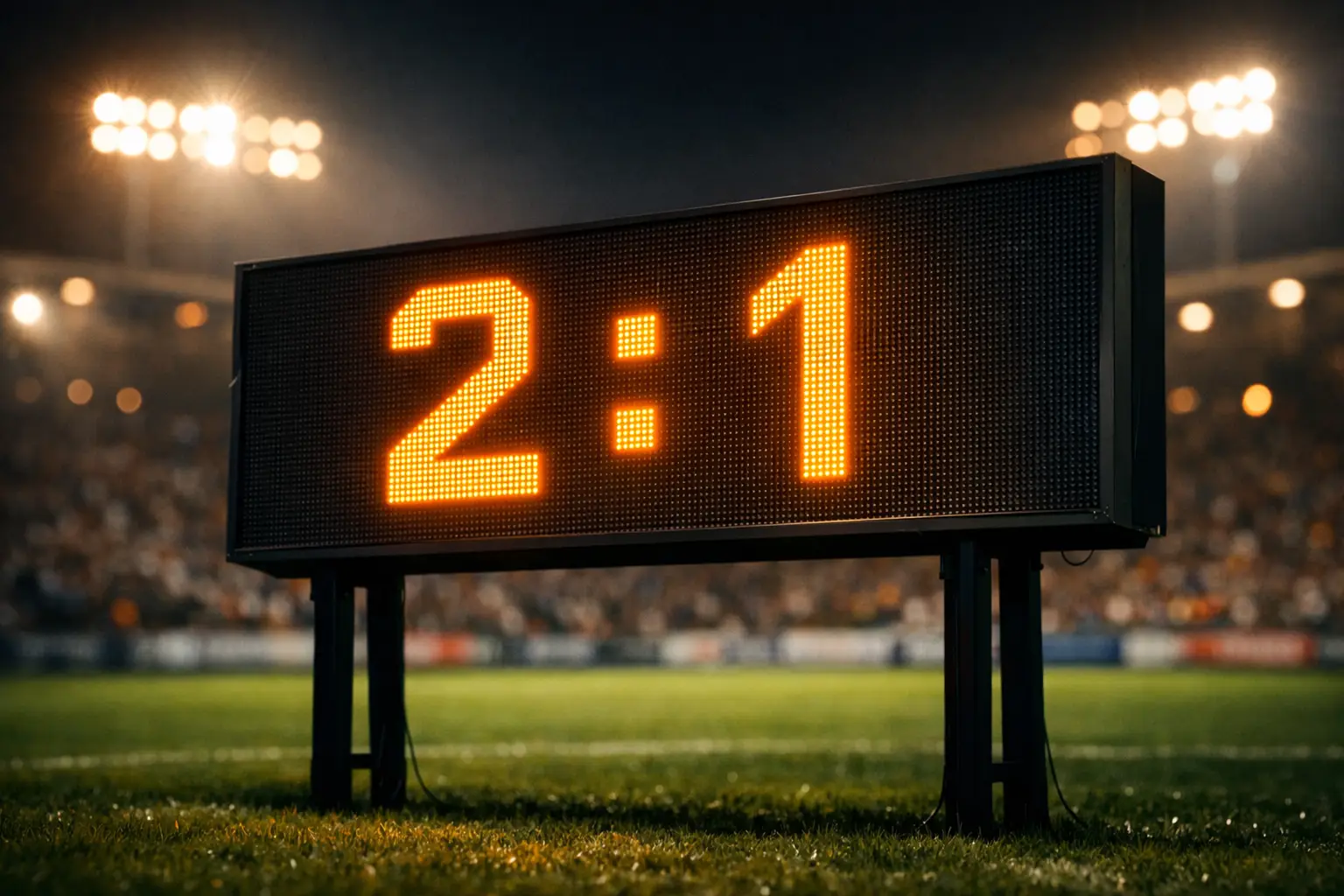 Nahaufnahme einer Anzeigetafel im Fußballstadion mit leuchtenden Zahlen