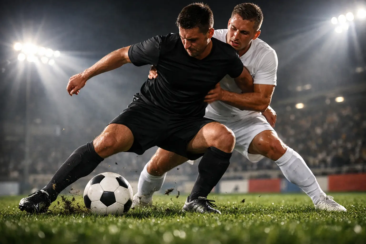 Zweikampf zweier Fußballspieler um den Ball auf dem Rasen im Stadion