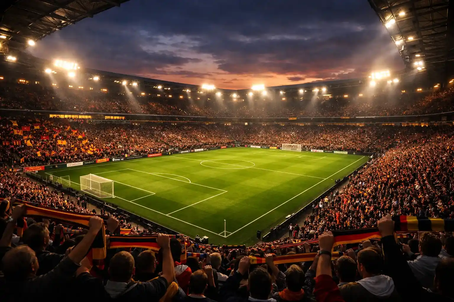 Volles Bundesliga-Stadion mit begeisterten Fans und Flutlicht bei Abenddämmerung