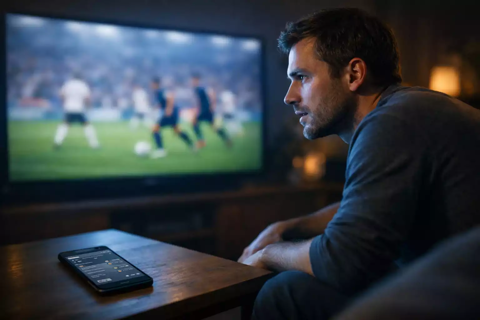 Fußballfan verfolgt ein Bundesliga-Spiel auf einem Bildschirm in einer stimmungsvollen Atmosphäre