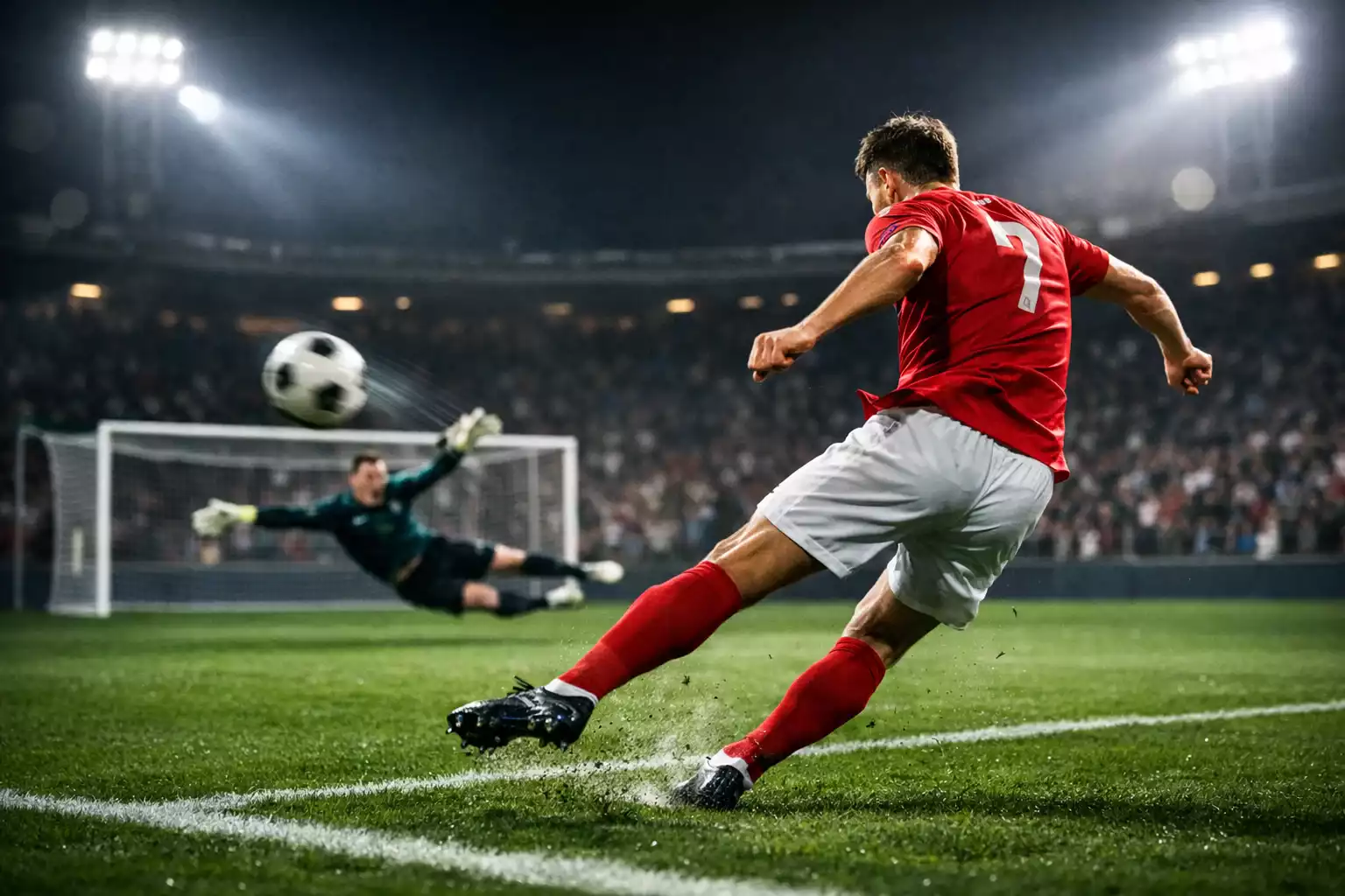 Fußballspieler schießt aufs Tor im Stadion bei Flutlicht