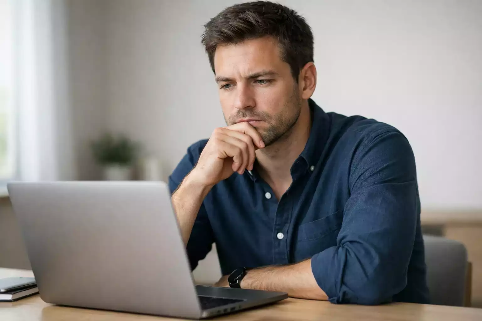 Nachdenklicher Mann sitzt vor einem Laptop und analysiert Daten