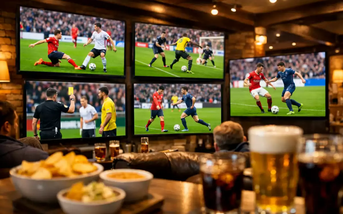 Mehrere Bildschirme zeigen gleichzeitig verschiedene Bundesliga-Spiele der Samstagskonferenz