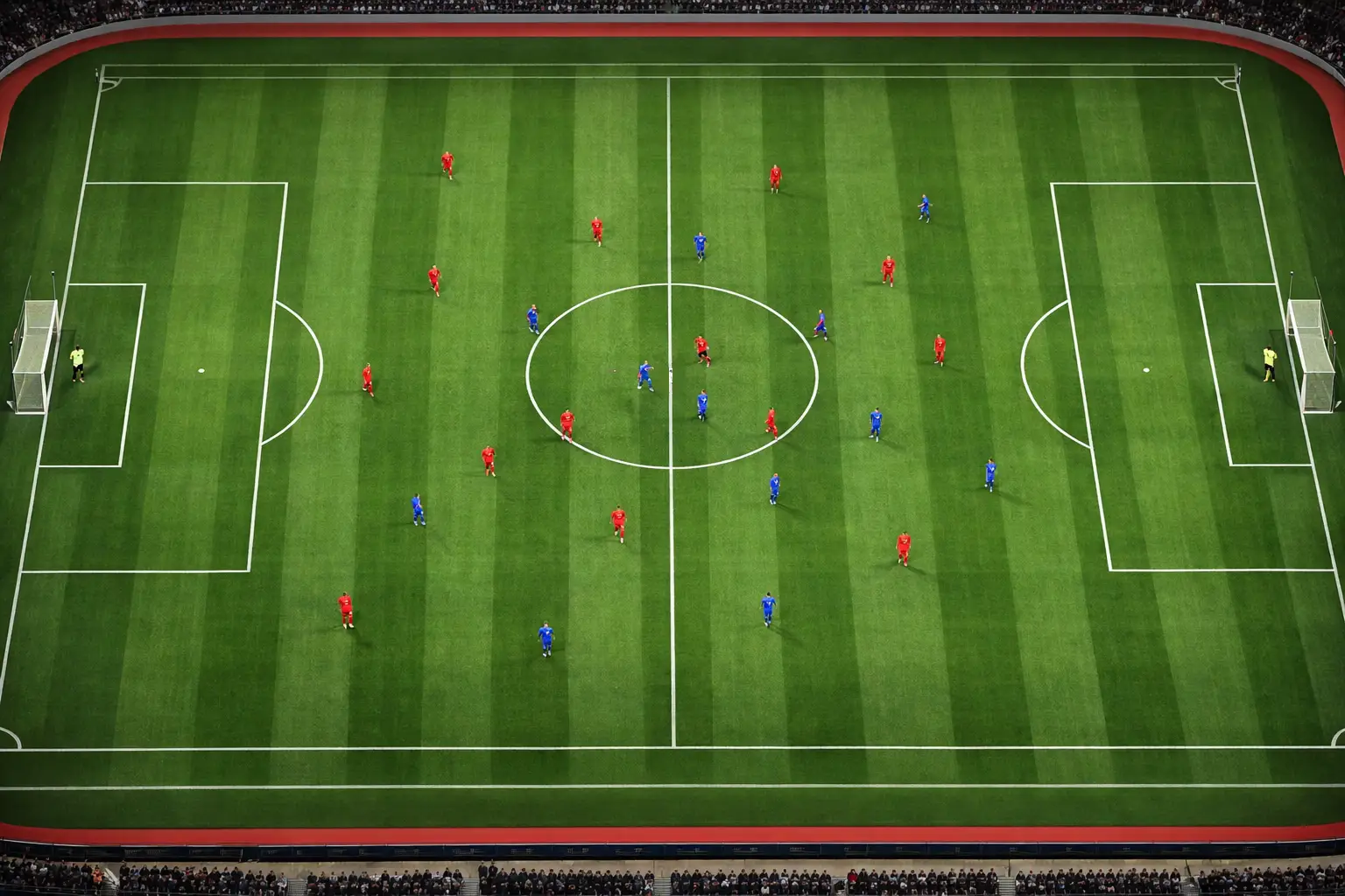 Weitwinkelblick auf ein Fußballspiel aus der Vogelperspektive bei Flutlicht