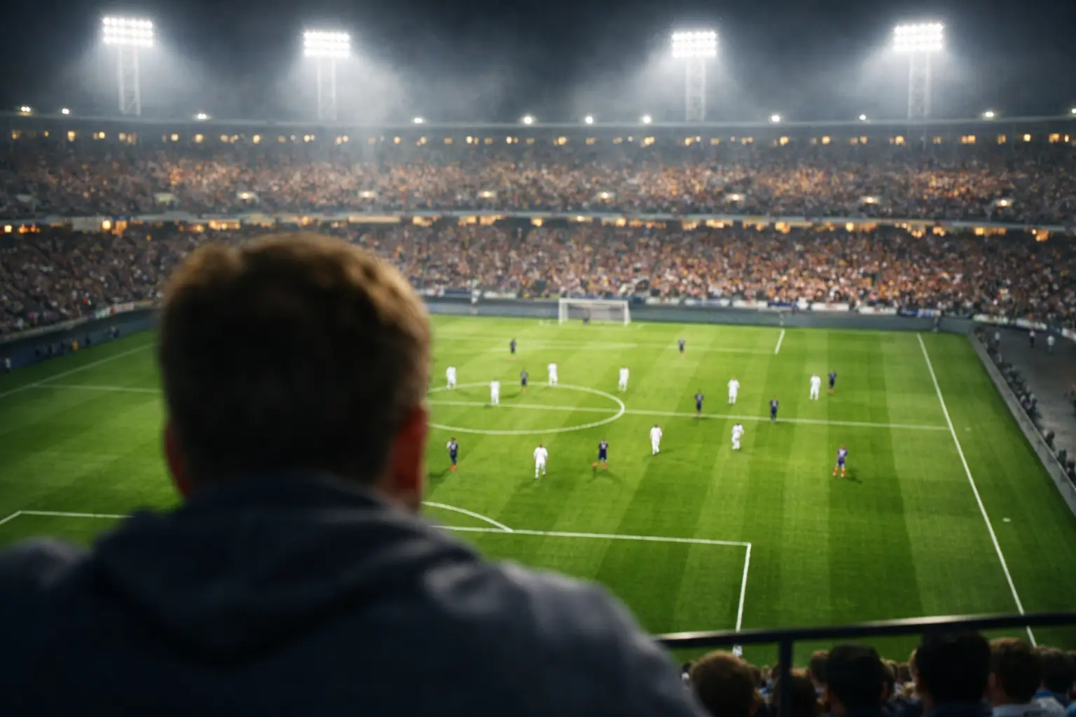 Fußballspiel aus der Perspektive der Tribüne mit Blick aufs beleuchtete Spielfeld