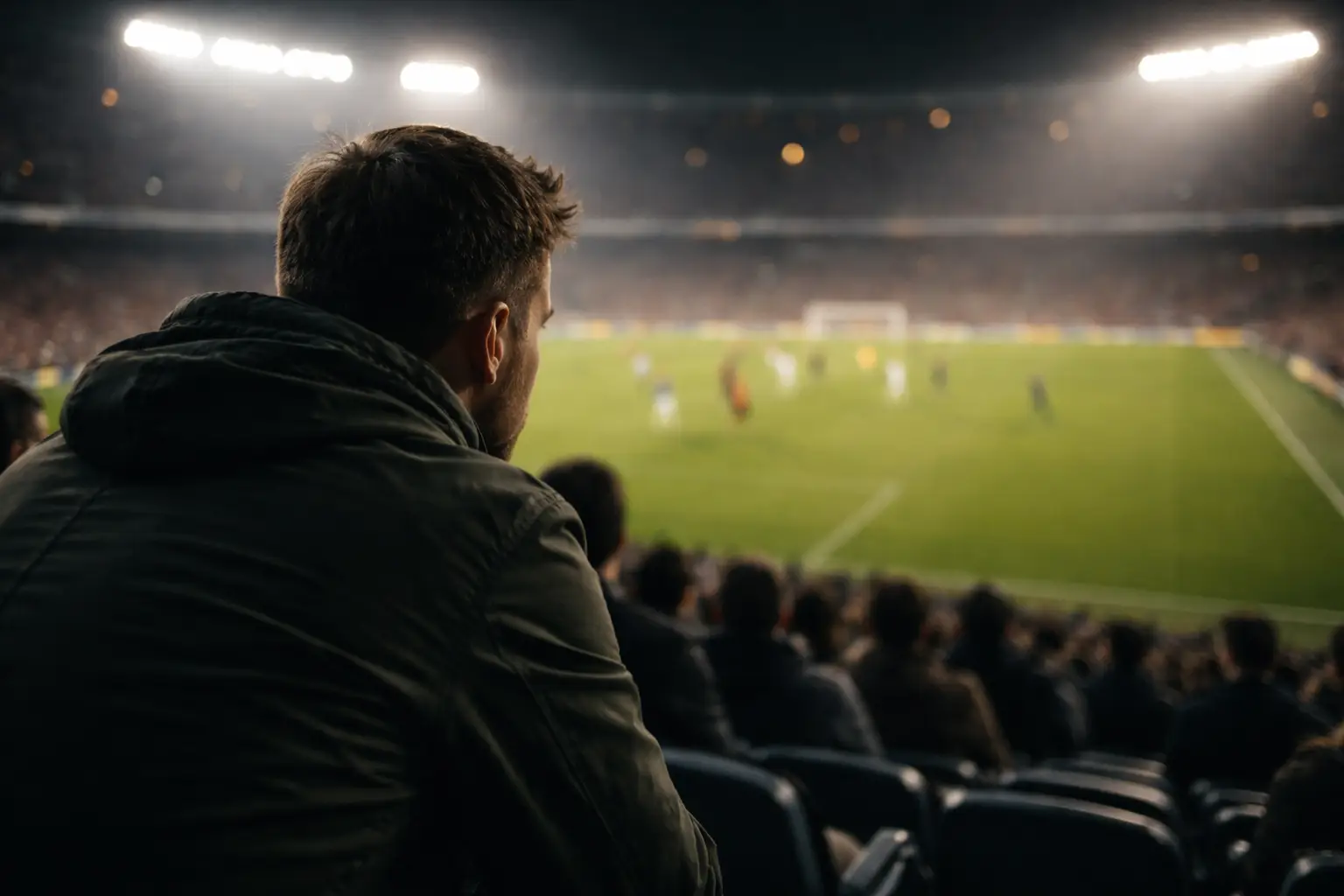 Fußballfan beobachtet ein laufendes Spiel im Stadion bei Flutlicht