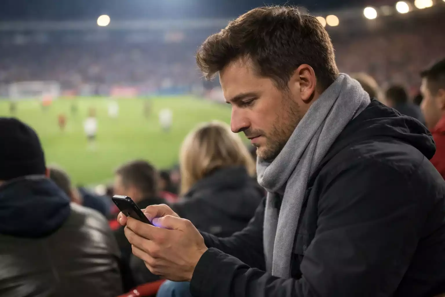 Fan verfolgt Fußballspiel im Stadion mit Smartphone in der Hand