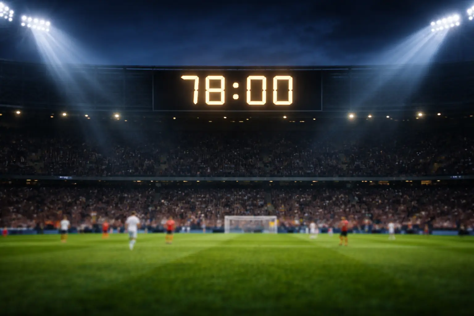 Stadionuhr zeigt die Spielminute bei einem Fußballspiel unter Flutlicht