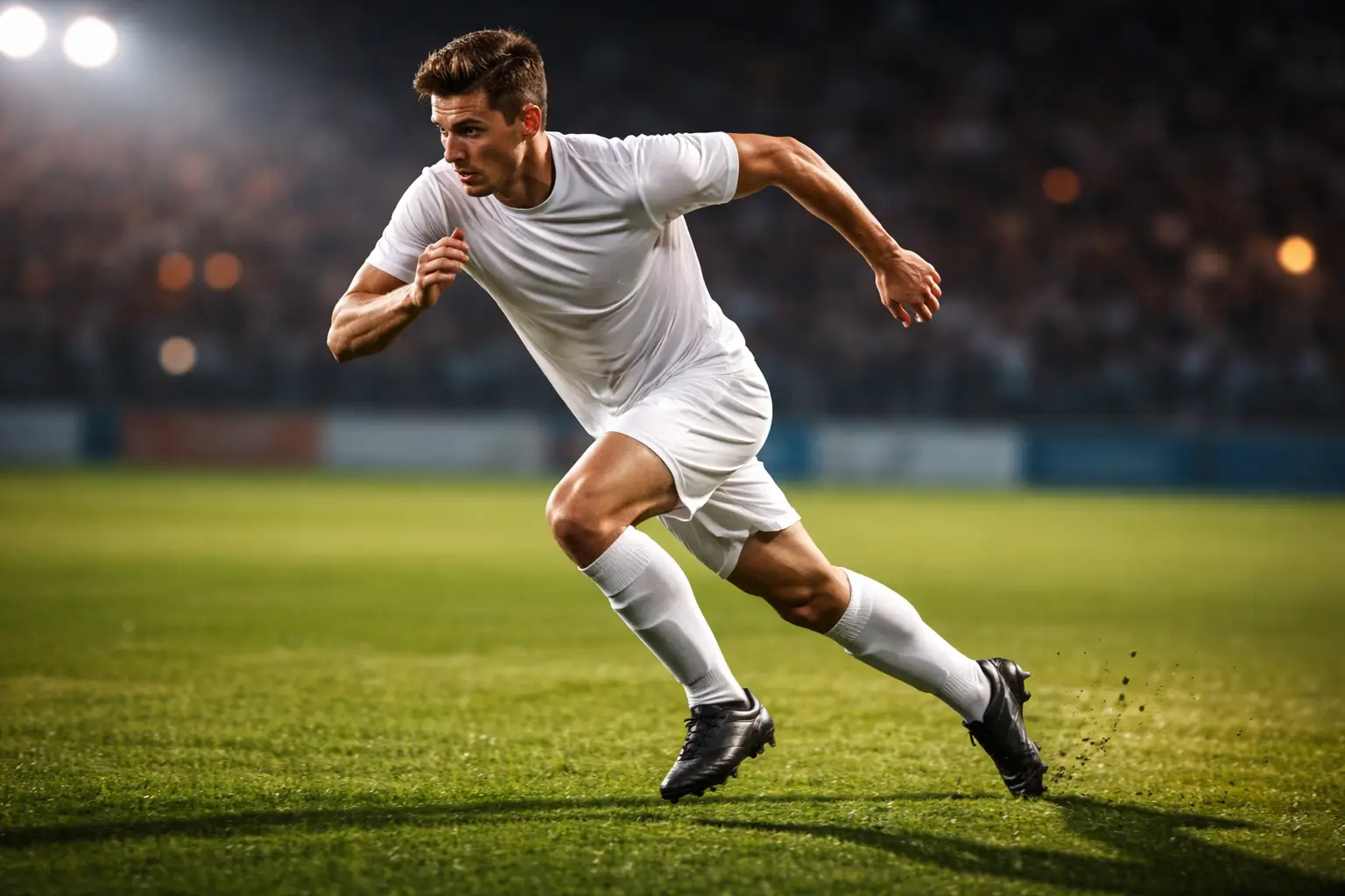 Fußballspieler im Sprint auf dem Rasen bei Abendbeleuchtung im Stadion