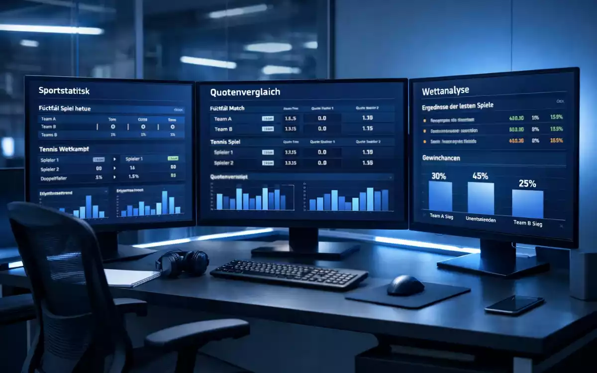Modernes Buero mit mehreren Bildschirmen die Sportwetten-Daten und Statistiken zeigen