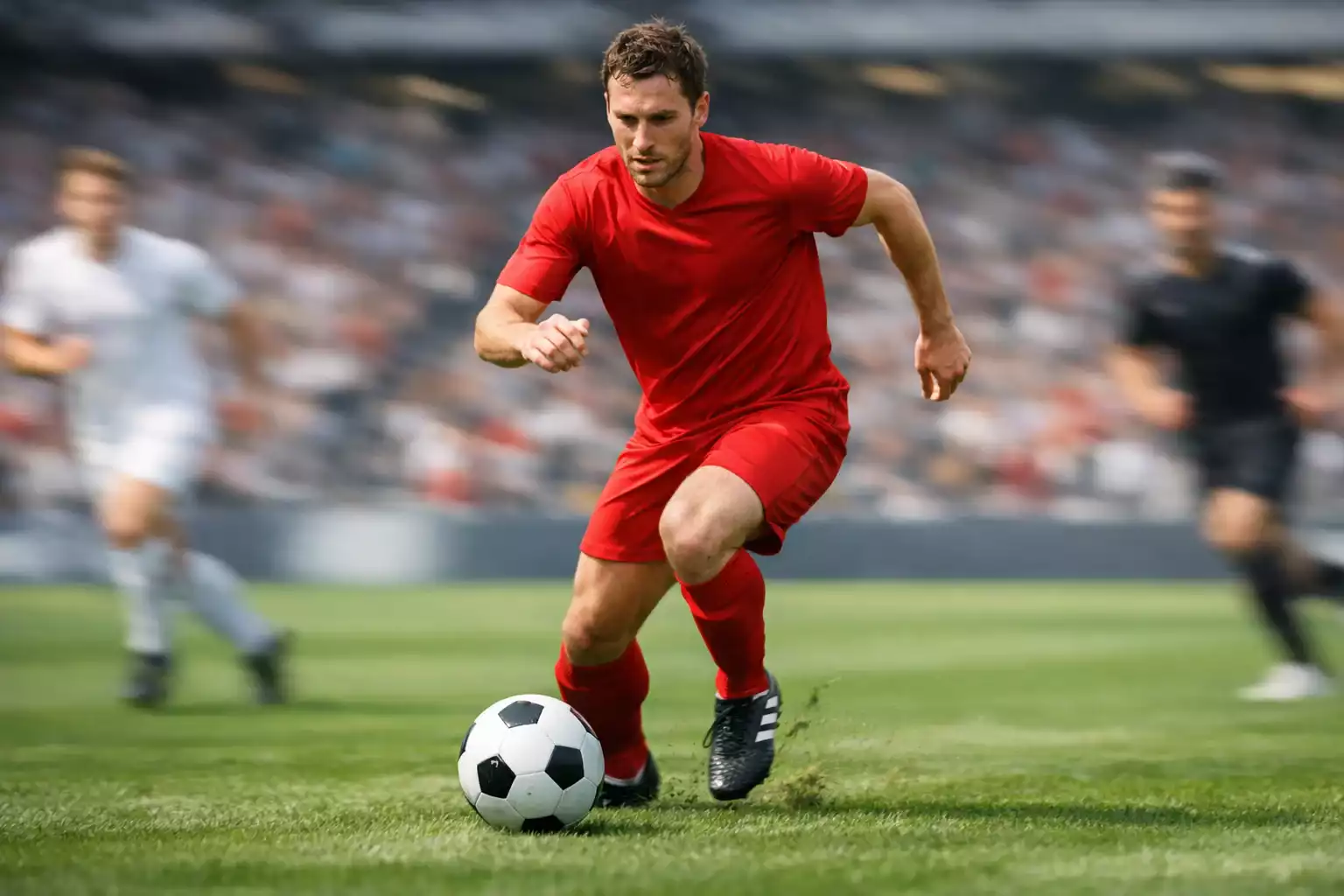 Fußballspieler im Angriff mit Ball am Fuß während eines intensiven Spielmoments