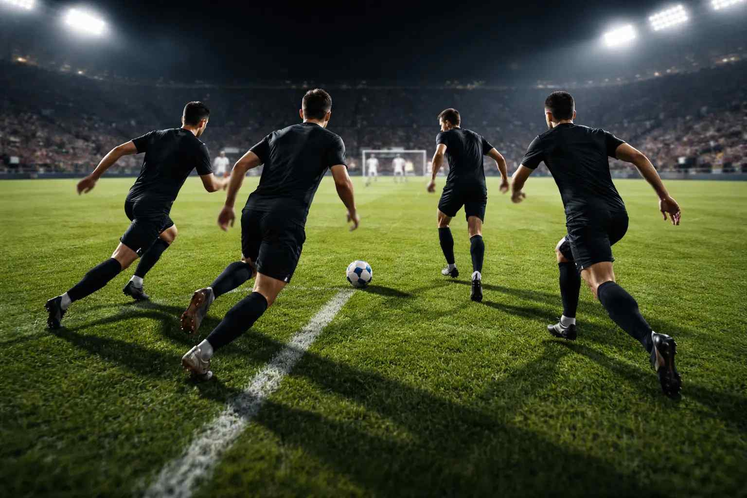Fußballteam drängt geschlossen Richtung Tor bei intensivem Flutlicht
