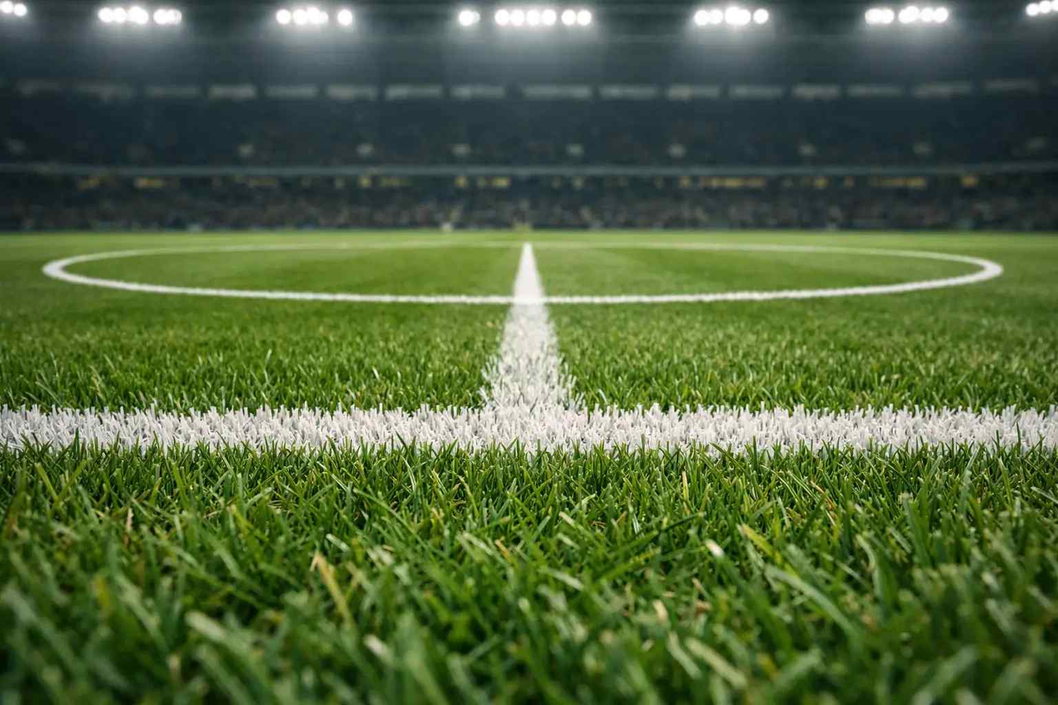 Leere Fußball-Mittellinie auf dem Rasen mit Flutlicht zur Halbzeitpause