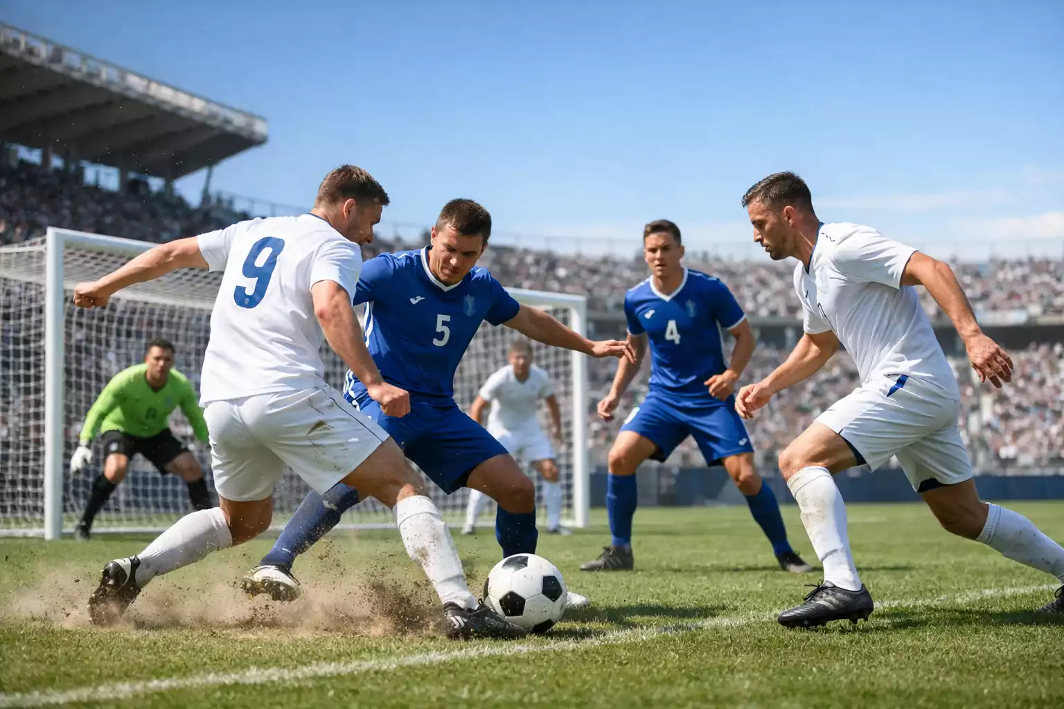Zwei Fußballmannschaften im intensiven Angriffsspiel auf dem Rasen