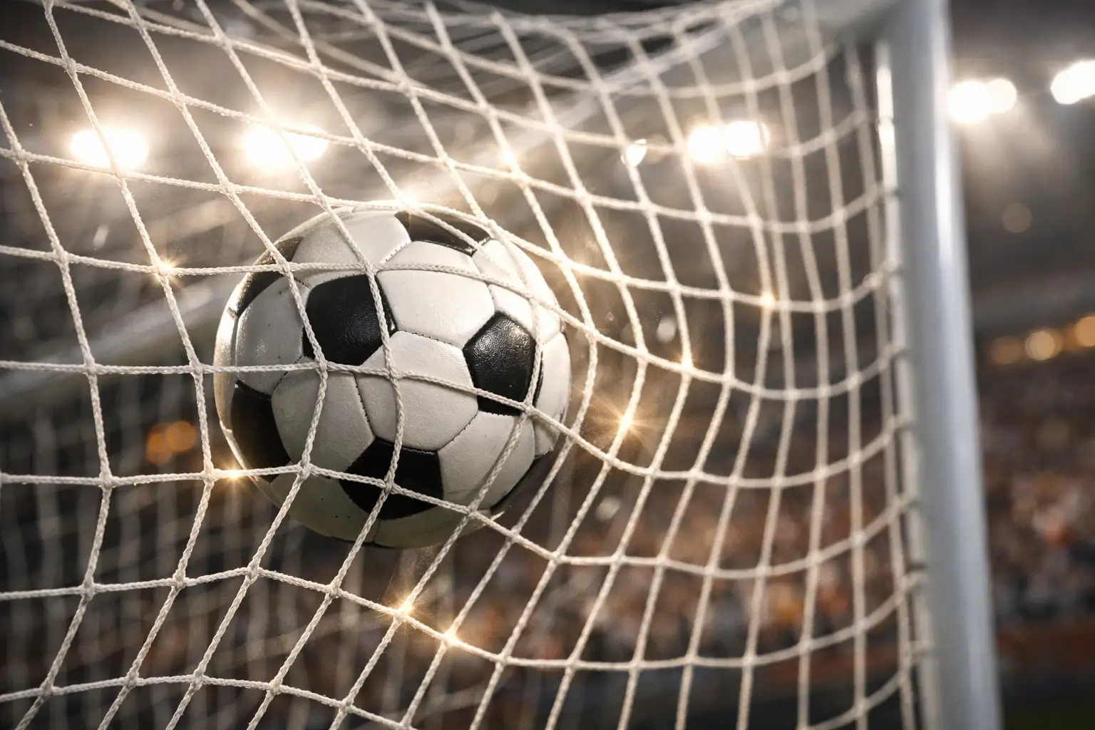 Fußball fliegt ins Tornetz bei einem Schuss im Stadion unter Flutlicht