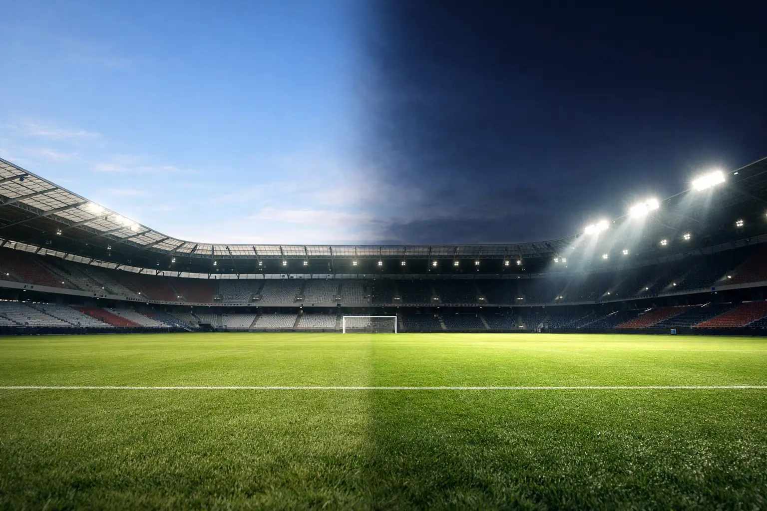 Geteilte Szene: leeres Fußballstadion bei Tag und volles Stadion bei Flutlicht