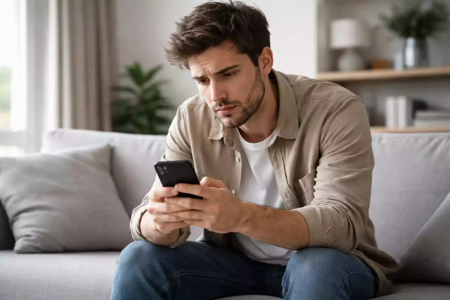 Person schaut nachdenklich auf ein Smartphone mit Wettanzeige in der Hand