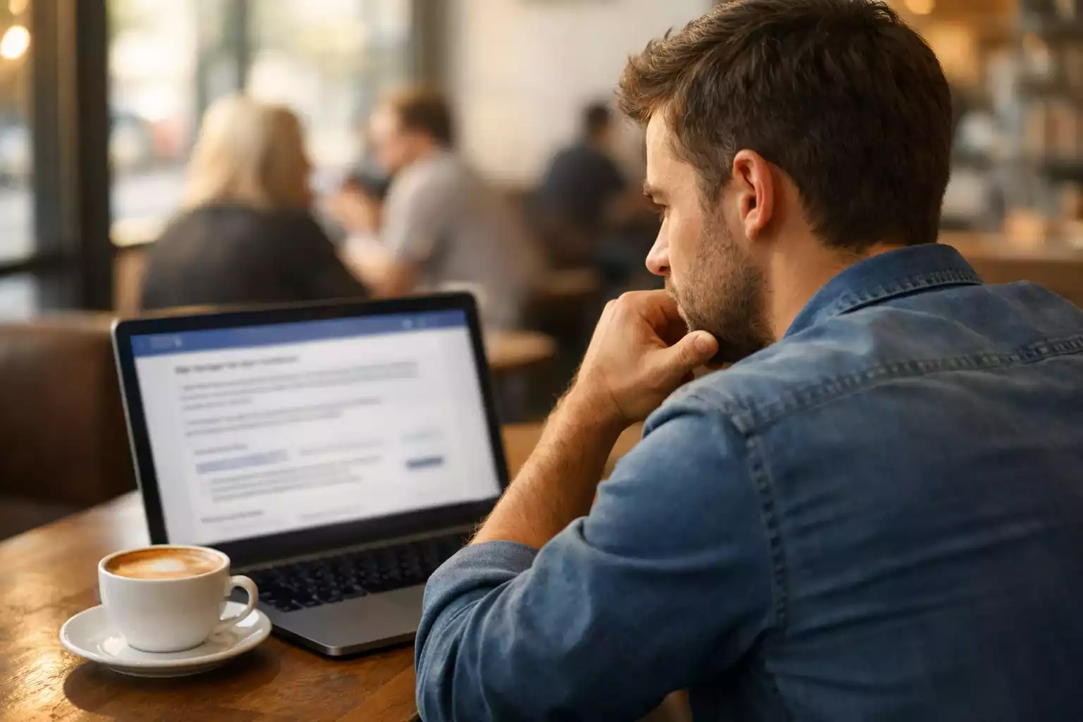 Nachdenklicher Mann studiert Sportwetten auf seinem Laptop in einem Cafe