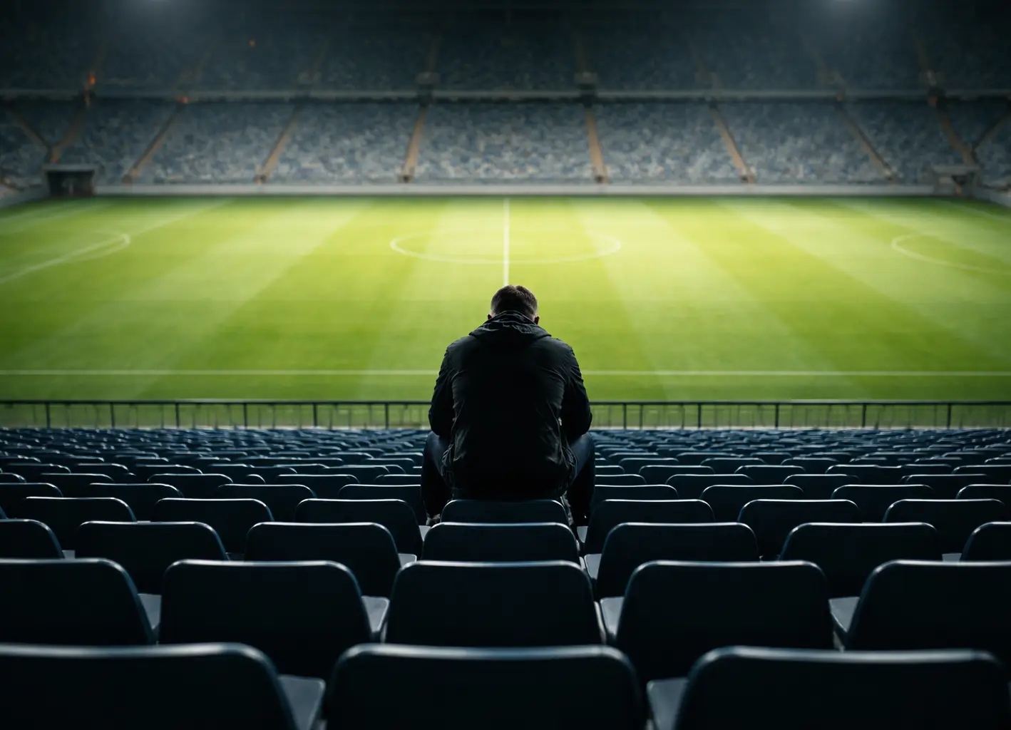 Einzelner Zuschauer sitzt konzentriert auf der leeren Stadiontribüne bei Flutlicht