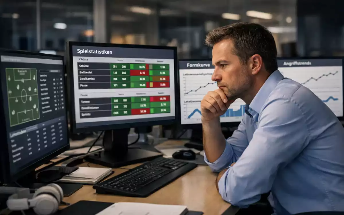 Sportanalyst arbeitet an mehreren Bildschirmen mit Fußballdaten und Statistiken