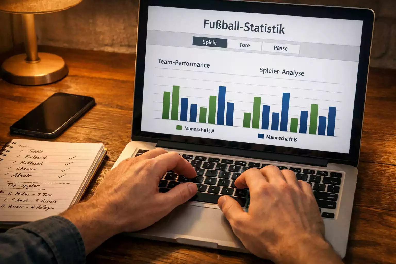 Person recherchiert Fußballdaten auf dem Laptop mit Notizblock