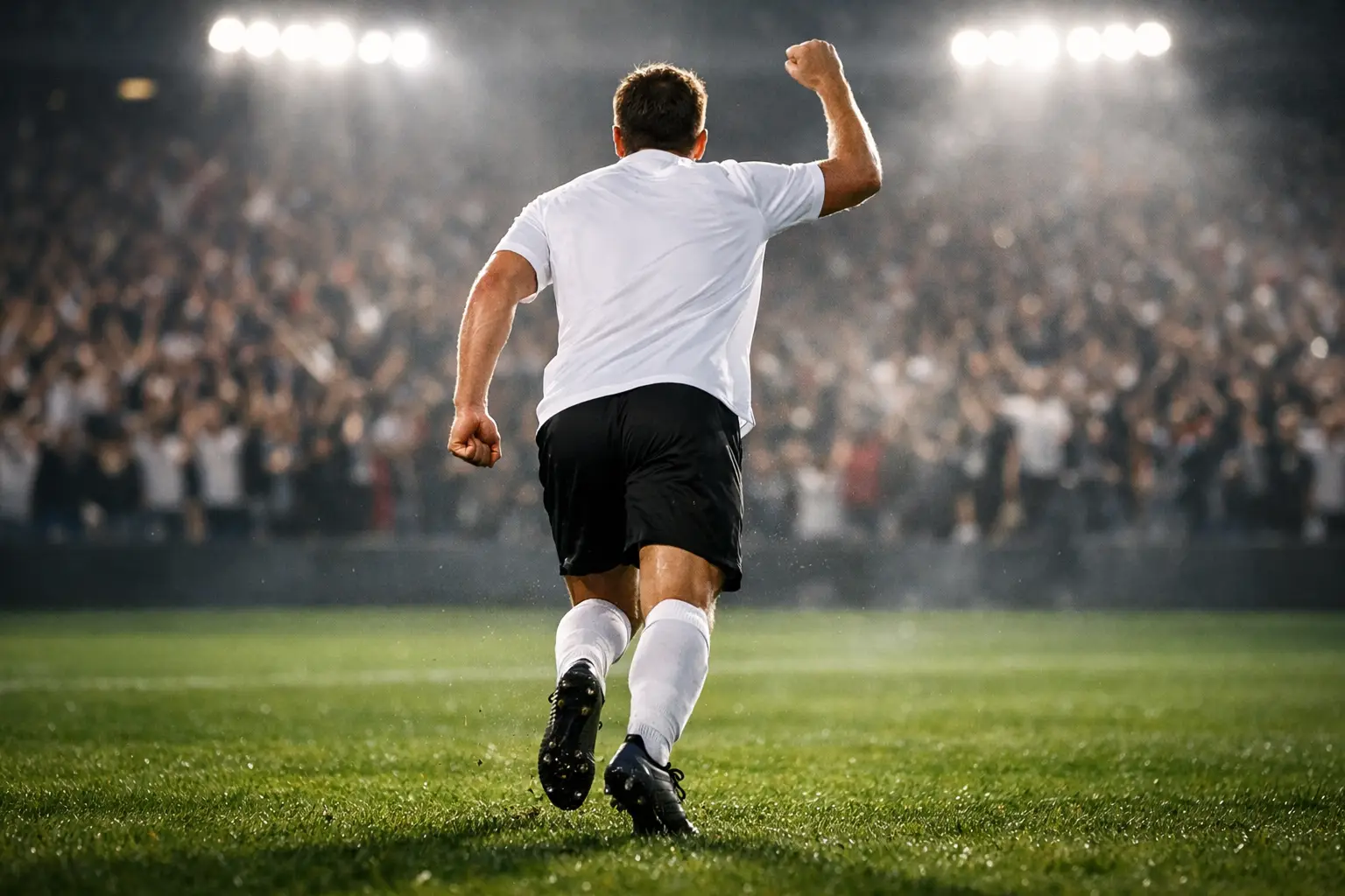 Fußballspieler ballt die Faust nach einem Ausgleichstor im vollen Stadion