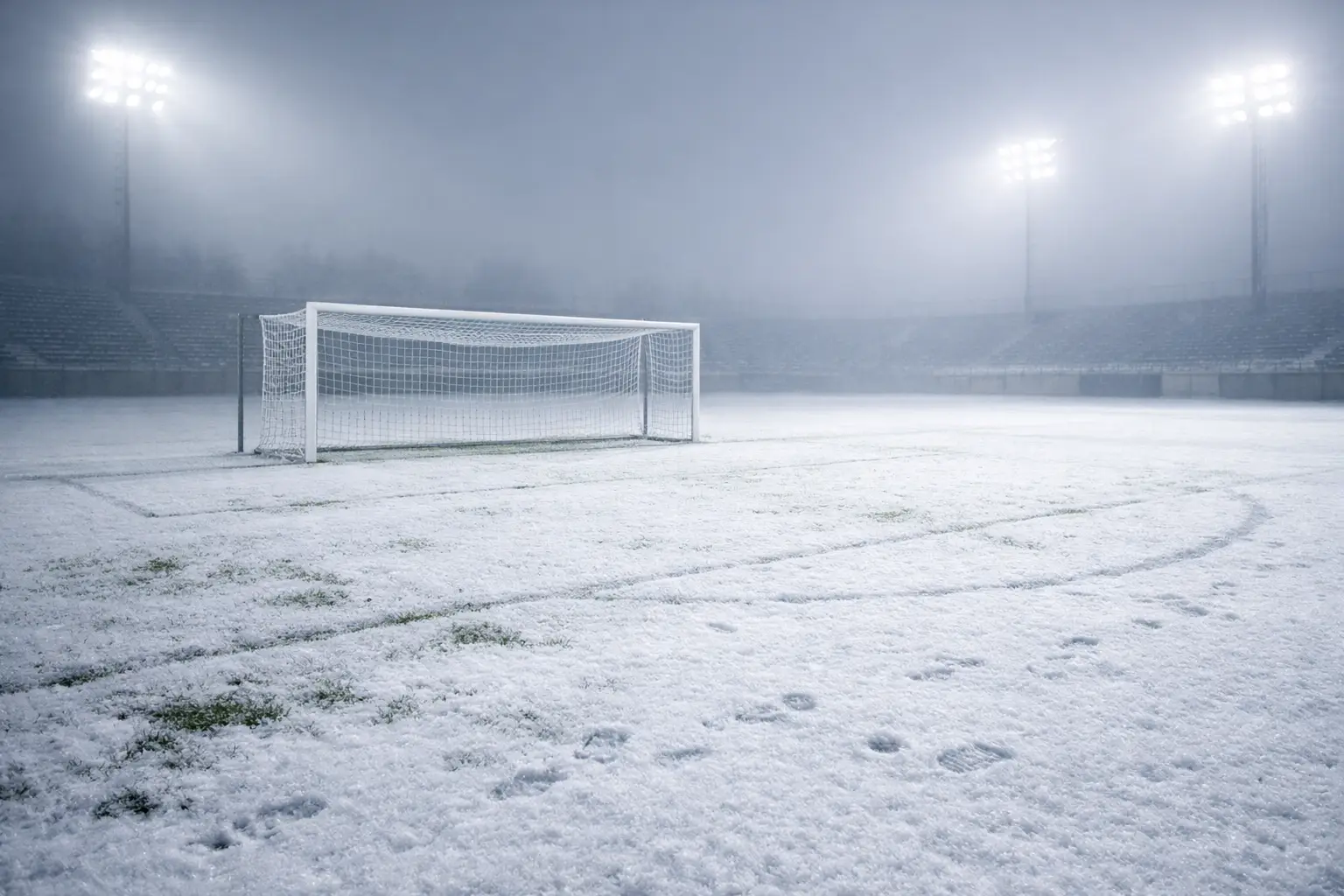 Schneebedeckter Fußballplatz mit Torpfosten und Flutlicht in der Winterpause