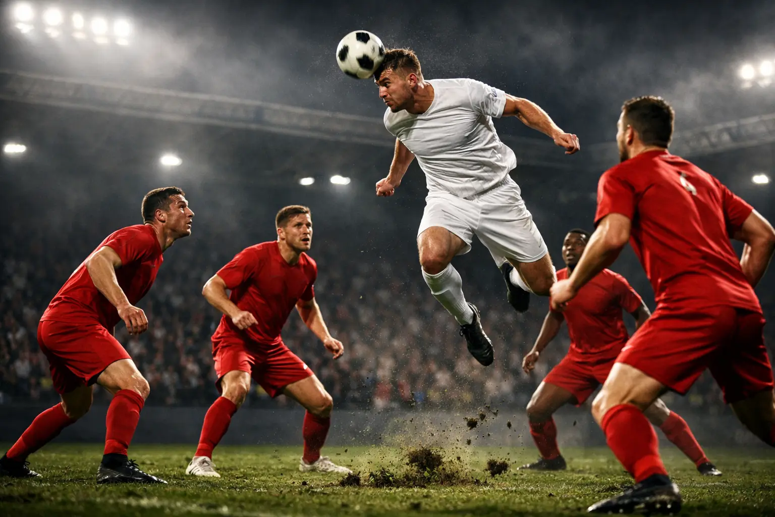 Fußballspieler köpft den Ball aufs Tor in der Schlussphase unter Flutlicht