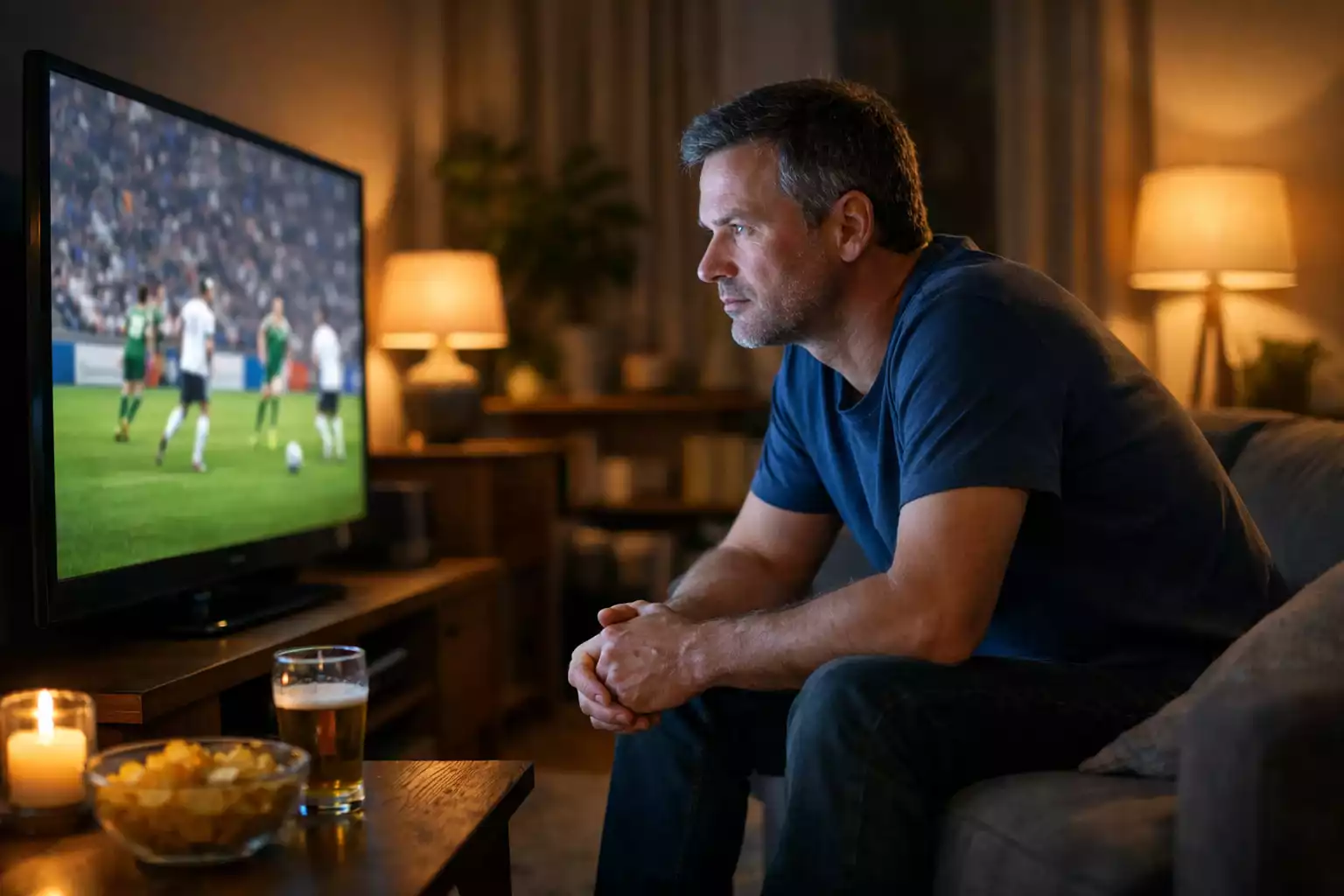 Fan beobachtet konzentriert ein Fußballspiel auf einem großen Bildschirm