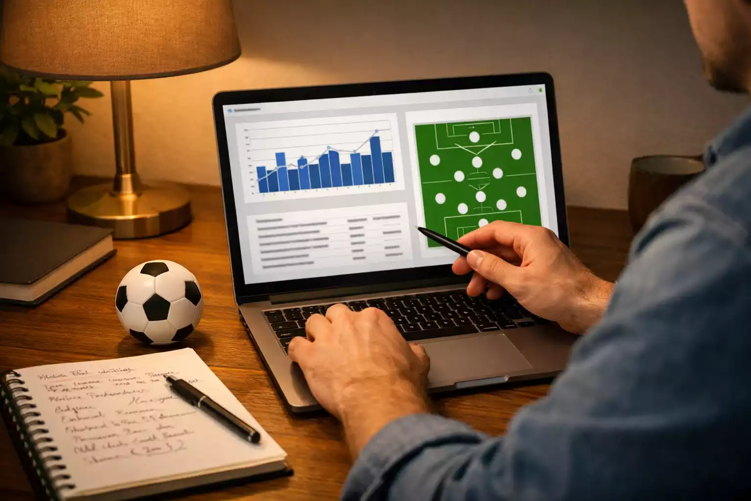 Person analysiert Fußballstatistiken auf einem Laptop während eines Spiels