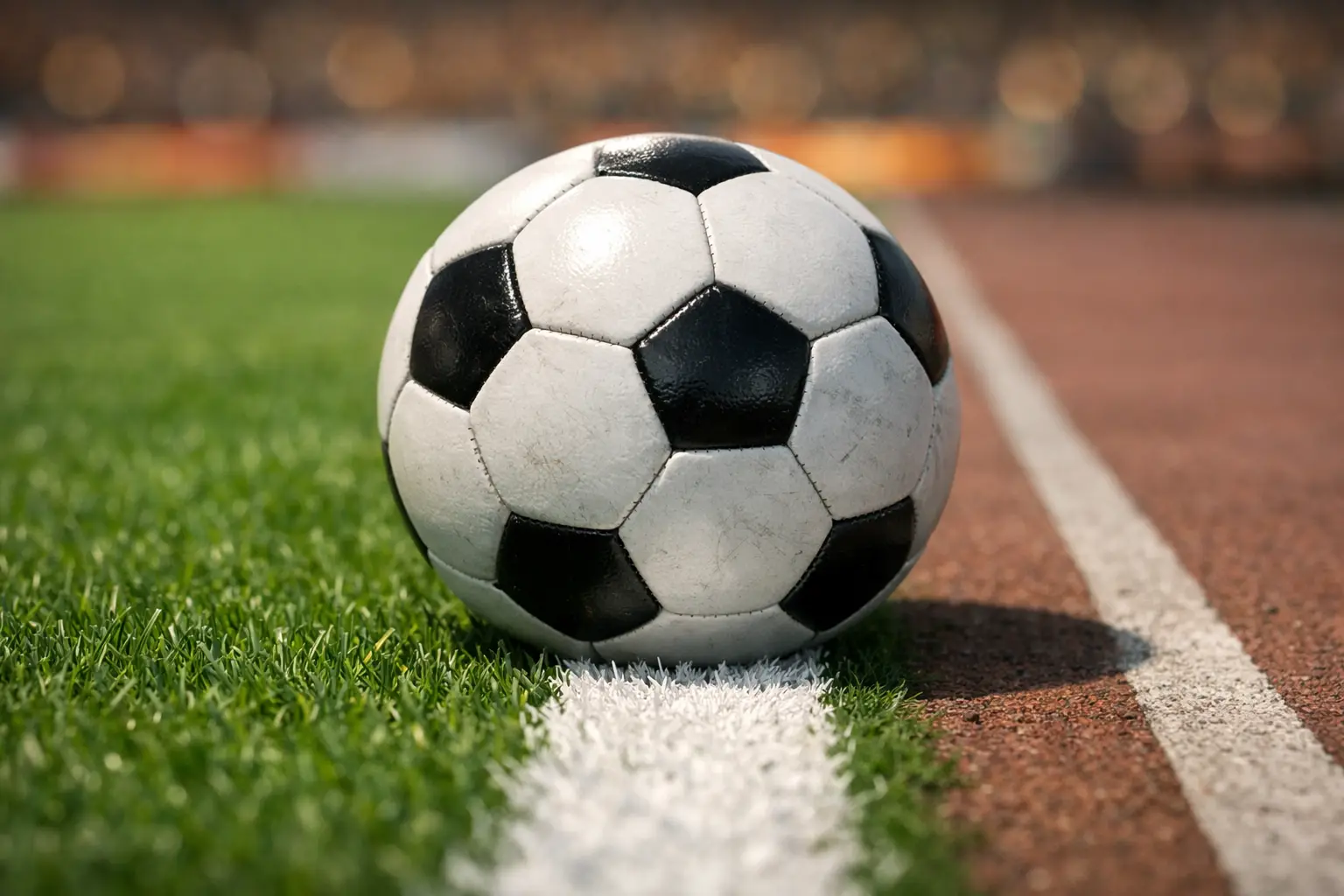 Nahaufnahme eines Fußballs neben der Seitenlinie auf grünem Rasen im Stadion