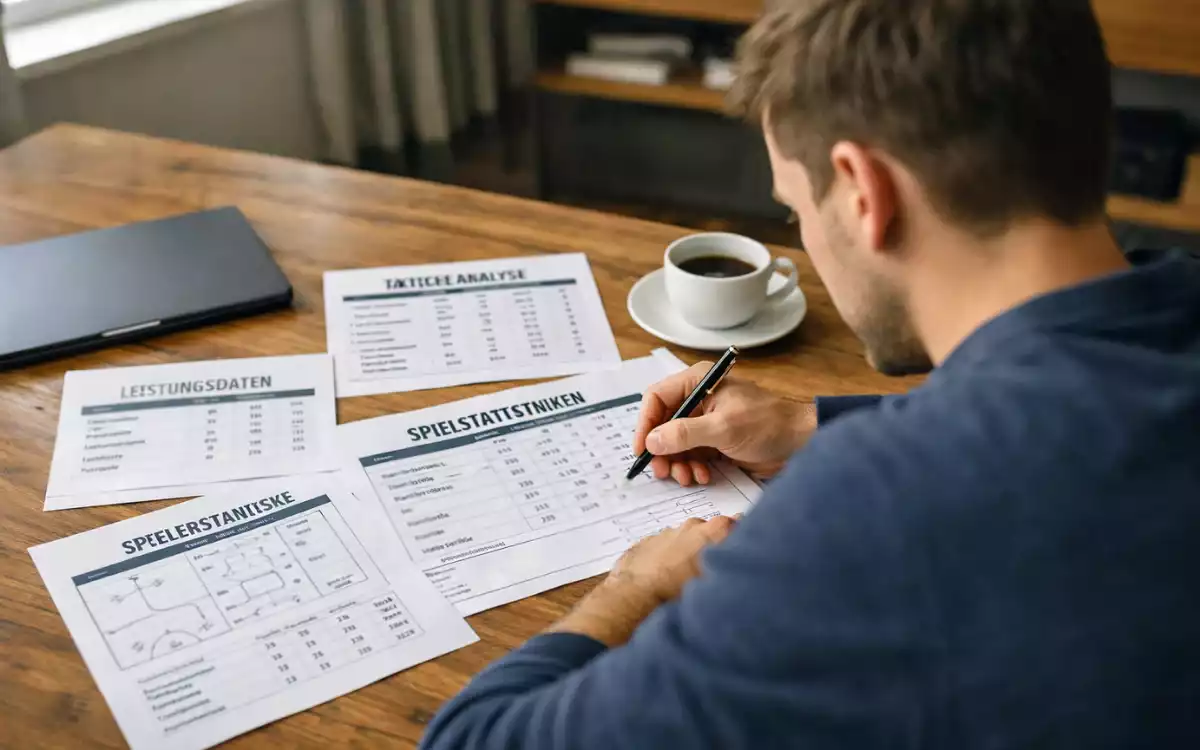 Sportanalyst studiert Fußballstatistiken am Schreibtisch