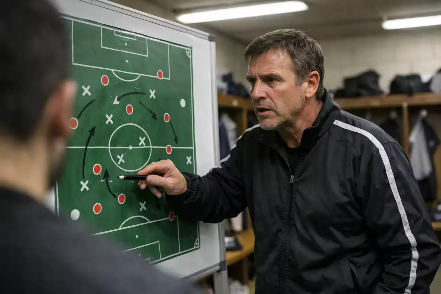 Fußballtrainer erklärt Taktik an einer Tafel in der Kabine