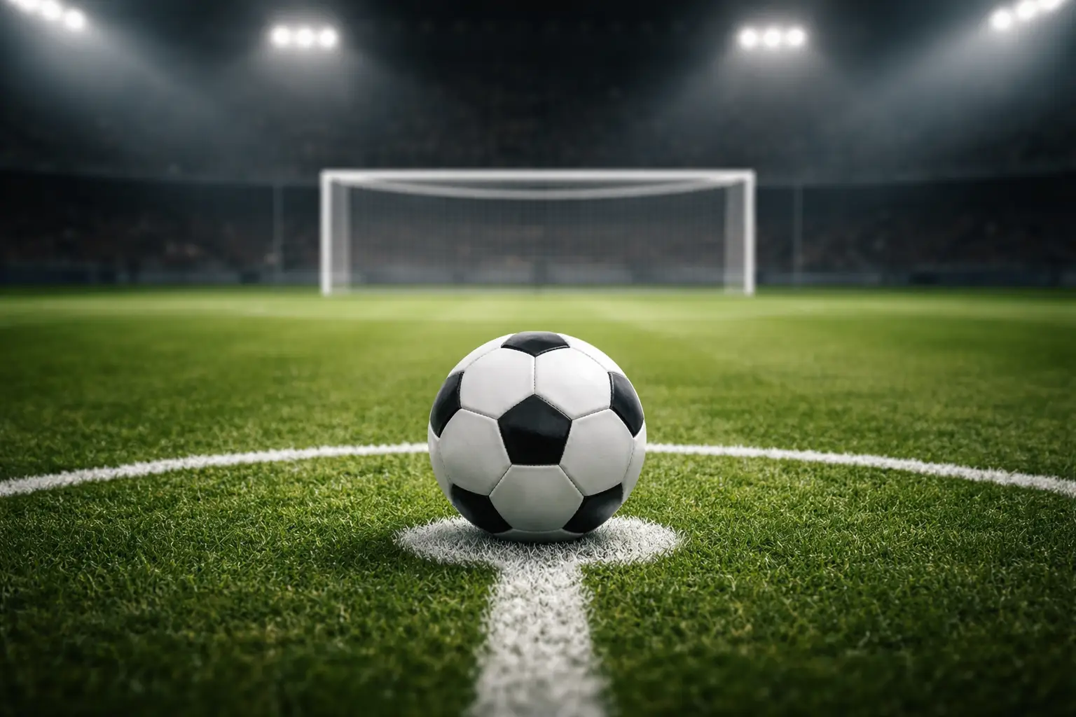 Nahaufnahme eines Fußballs auf dem Elfmeterpunkt im leeren Strafraum bei Flutlicht