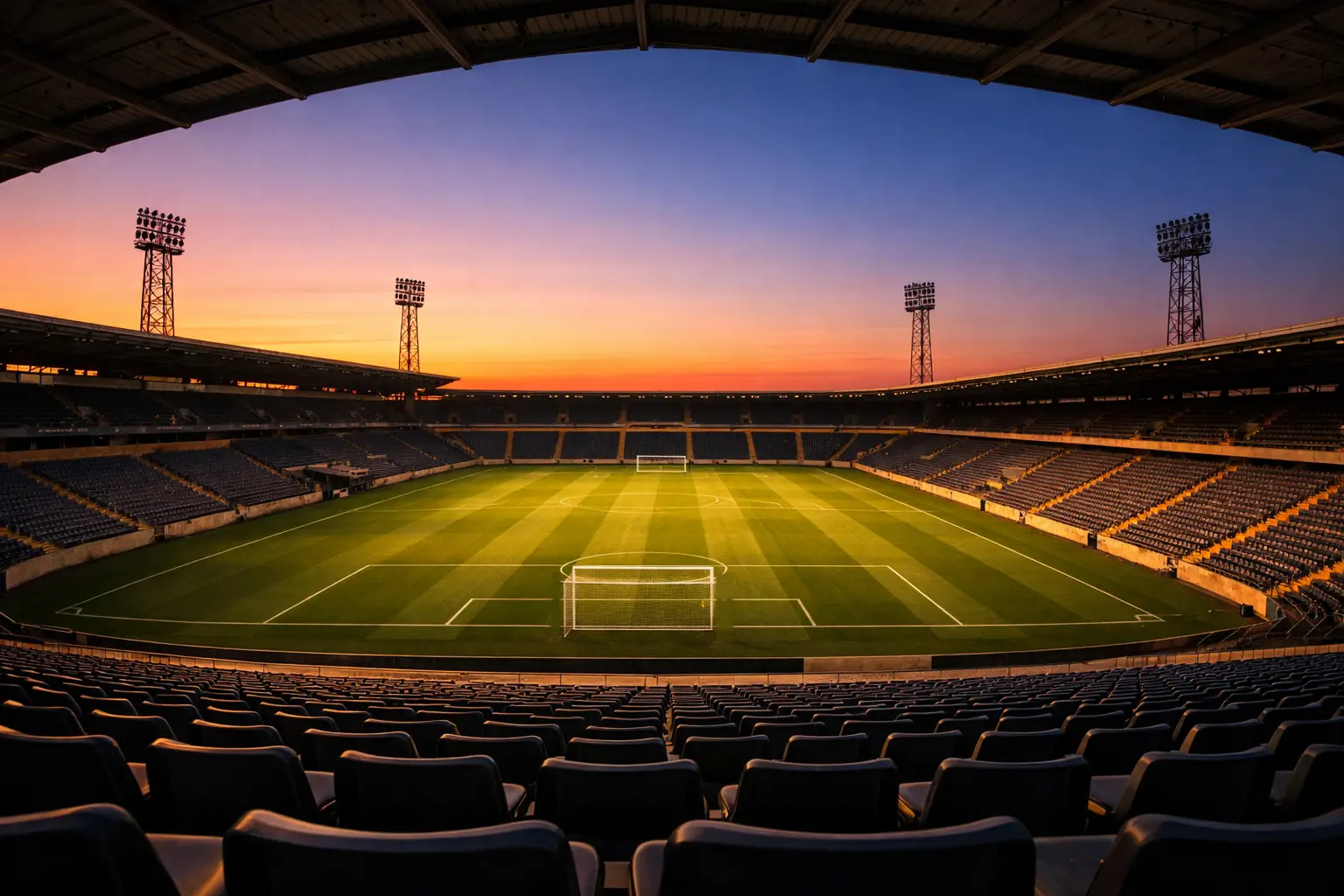 Leere Stadiontribüne bei Sonnenuntergang mit weichem Licht über dem grünen Rasen