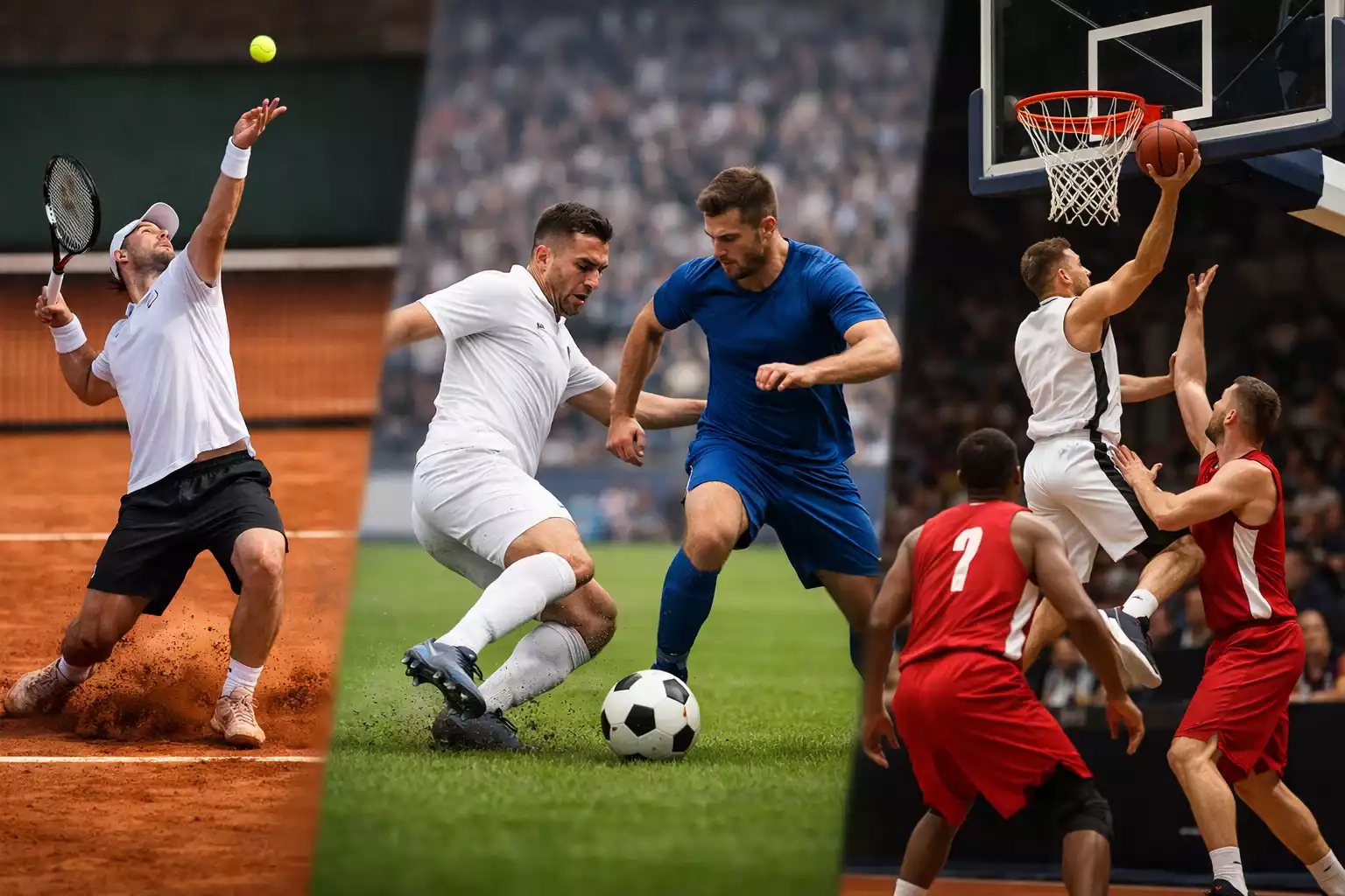 Collage verschiedener Sportarten mit Fußball, Tennis und Basketball Szenen