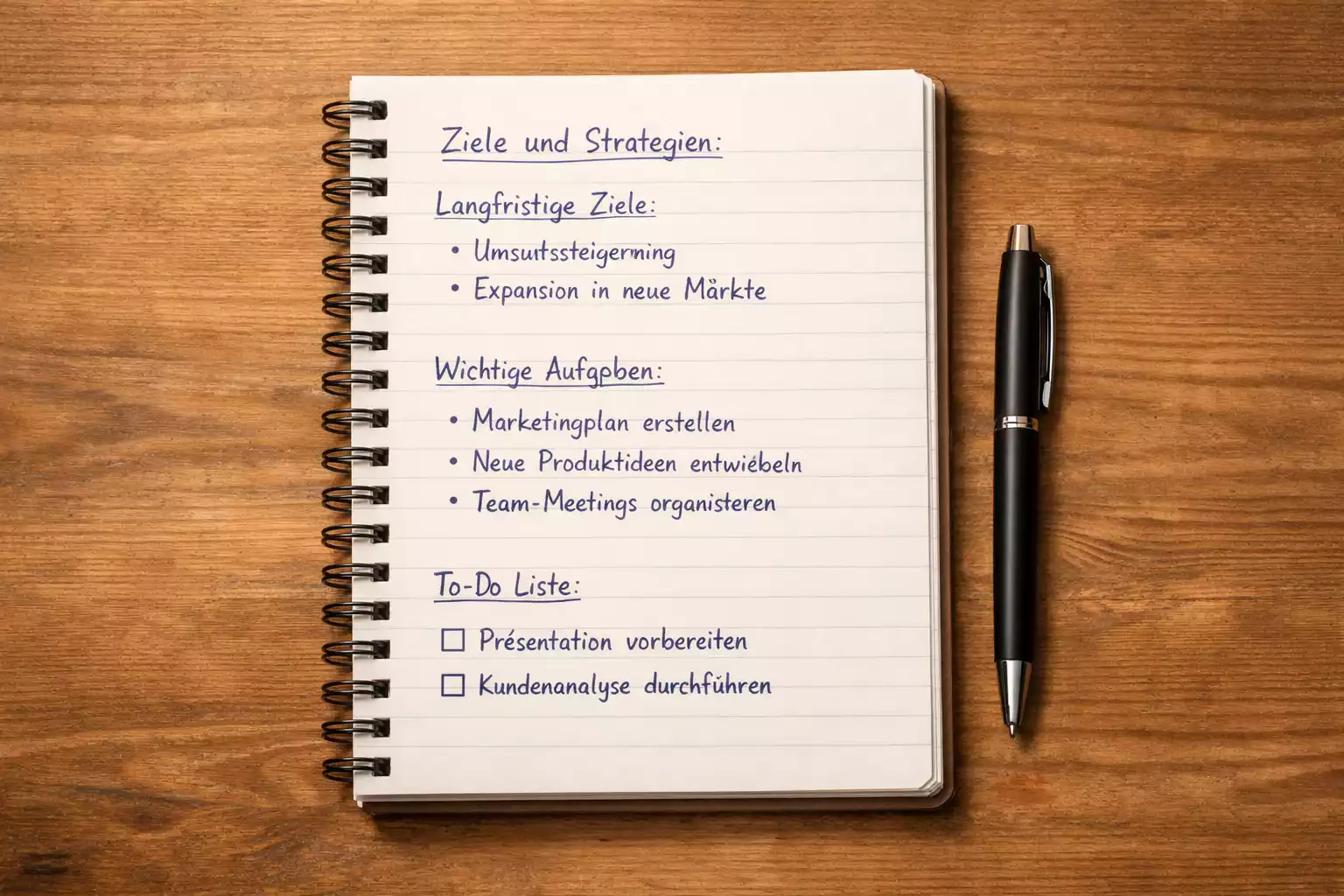 Offenes Notizbuch mit Stift und Notizen zur Wettplanung auf einem Tisch