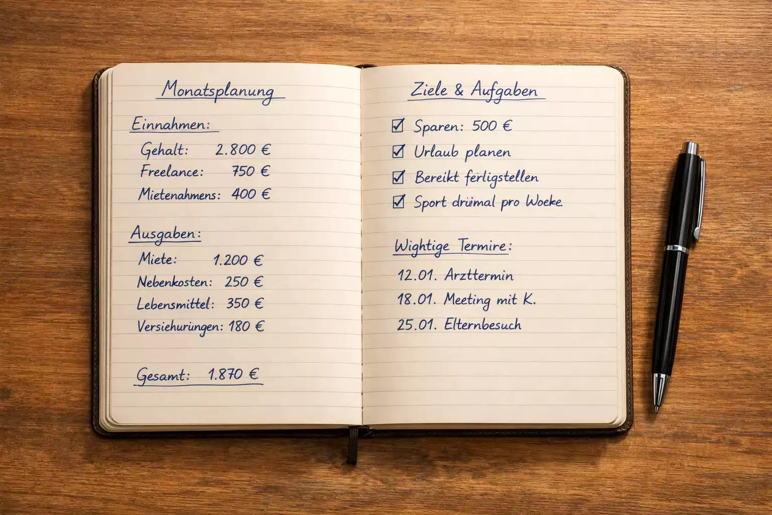 Notizbuch mit handschriftlichen Aufzeichnungen und Stift auf einem Schreibtisch